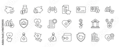 Health Savings Account Icon set. HSA Set, Health Savings, Account, Medical Savings, Tax, Card, HSA ID, HSA Growth and Health Savings Badge. EPS 10