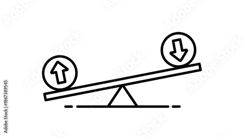 Balancing seesaw with opposing up and down arrows on an isolated white background