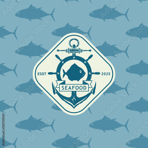 Vector banner with anchor and corkscrew on seamless tuna fish pattern background. Seafood. Logo, menu, label for restaurant, cafe. Fish shop signboard. Print, fabric, textile. No ai