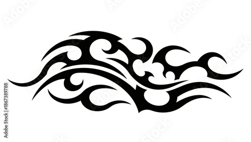 A black silhouette tribal tattoo design featuring a dragon and floral ornament patterns as a vintage vector art element for a symbolic logo or decorative nature sign