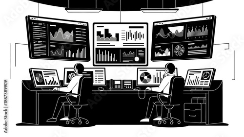Two Focused Professionals Working in a High-Tech Control Room with Multiple Data Screens, isolated white background.