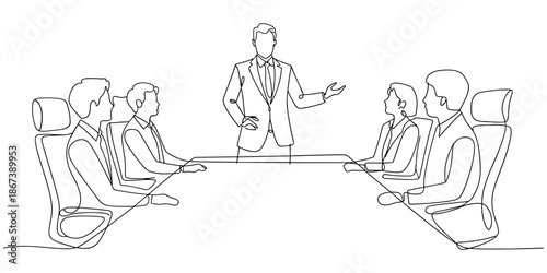 Single continuous line drawing of businessman meeting and presentation in the office illustration. Marketing plan presentation for team members, business meeting concept, single line art.