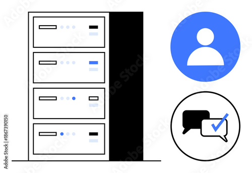 Data servers with user profile icon and secure messages symbolizing data storage, user management, and communication. Ideal for hosting, technology, security, cloud computing, IT services