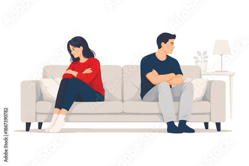 Minimal flat vector illustration of a couple sitting apart on a sofa after an argument. Emotional distance, relationship conflict and silence, modern lifestyle concept, isolated vector on white.