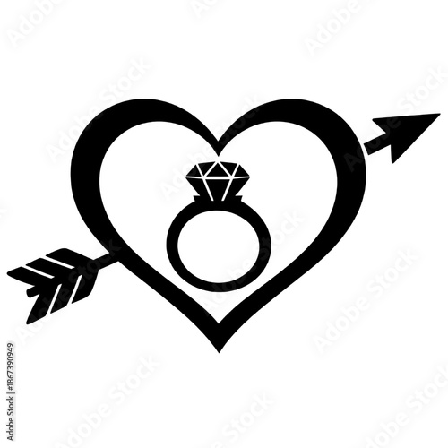 Black silhouette icon of a heart pierced by an arrow with a diamond engagement ring inside symbolizing love proposal marriage and commitment isolated on white background.