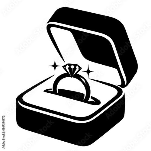 Black silhouette illustration of a diamond engagement ring inside an open jewelry box symbolizing marriage proposal love commitment and surprise isolated on white background.