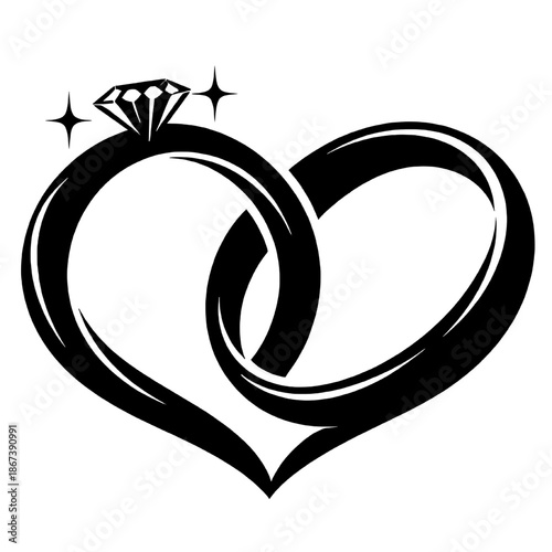 Black silhouette illustration of a heart shaped ring with diamond symbolizing love engagement marriage and commitment isolated on white background minimalist romantic design.