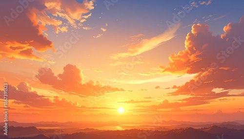 Vibrant sunset painting with orange and yellow hues over a serene landscape.