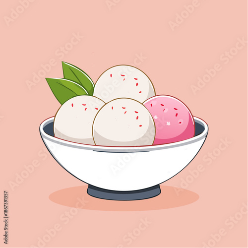 Tang Yuan Rice Balls Cartoon Illustration in Bowl on Soft Background