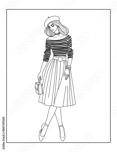 Black and white line art coloring page of a girl in a chic French-inspired fashion outfit. Perfect for fashion-themed coloring, Parisian-style activities, and creative artistic relaxation.