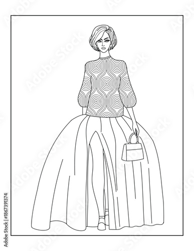 Black and white line art coloring page of a girl in an abstract patterned shirt and a stylish, fluffy skirt. Perfect for fashion coloring and creative artistic relaxation.