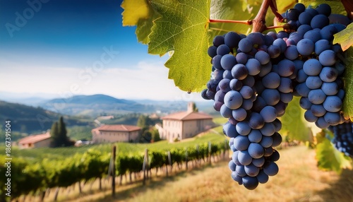 bunches of blue grapes dangle from vines showcasing the beauty of a tranquil vineyard with a blurred backdrop of hills and houses