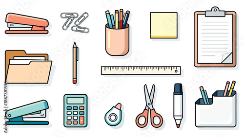 Office supplies and stationery items arranged neatly on a flat surface, including folders, scissors, pens, and a calculator.