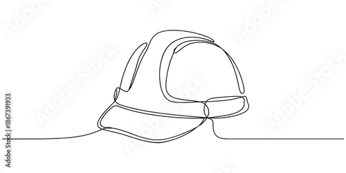 Continuous one-line drawing of an engineer's safety helmet. One line drawing illustration of a contractor's hat. Engineer tool concept single line. Editable outline, continuous one line drawing.