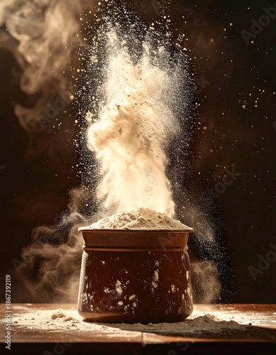 Flour Explosion from Terracotta Pot on Dark Brown Wooden Table