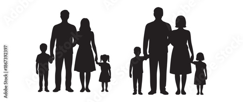 Silhouettes of two families each with a mother father and two children standing side by side