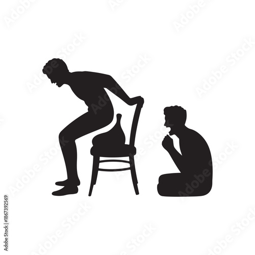 a stark silhouette depicts a man standing on a chair facing another man who is kneeling and praying