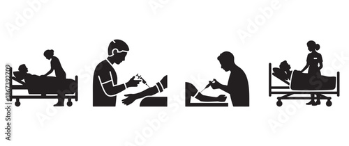 A series of silhouettes depicting a doctor examining patients in a hospital setting showing care and attention
