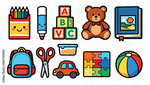 A colorful collection of children's toys and educational materials arranged neatly on a white background