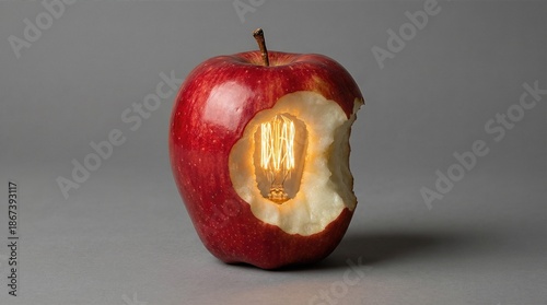 Red apple with large bite mark revealing glowing light bulb filament