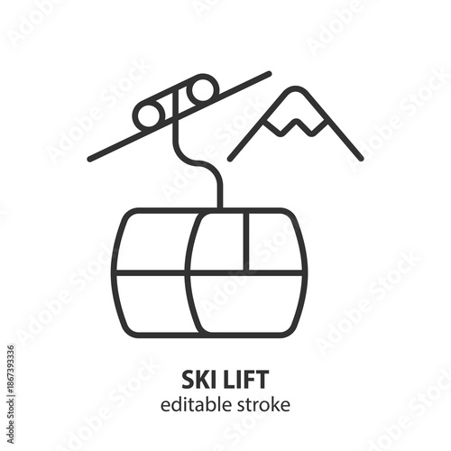 Simple line illustration of a ski lift gondola with mountain peaks. Winter travel and sport concept. Vector illustration. Editable stroke.
