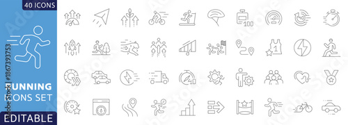 Running line icon set. Contain icons related to runner, Running sport, marathon, race, finish line, treadmill and more. Fully Editable. Vector illustration.
