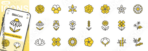 Medical flowers line icon set. Rose, violet, jasmine, calendula, echinacea, iris, chamomile vector illustrations. Duotone outline signs for cosmetic plant, skincare product ingredient. Editable Stroke
