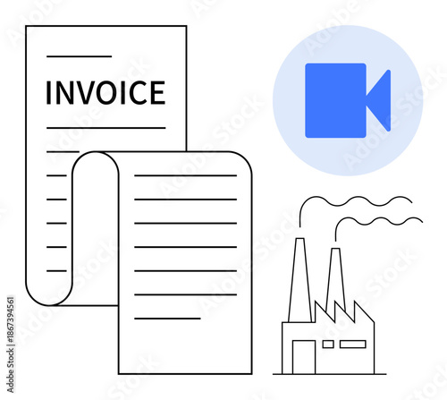 Billing processes, business finances, digital tools, online invoices, industrial production, operations. Factory illustration with invoice and video icon. Business finances and billing processes