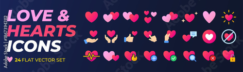 Flat gradient heart and love icon set for Valentines Day. Romantic, healthcare, charity and relationship vector symbols. Modern ui design elements for social media, mobile apps and web graphics