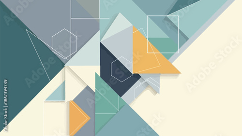 Abstract geometric background featuring overlapping triangles squares and hexagons in muted cool tones with subtle three dimensional shading effects