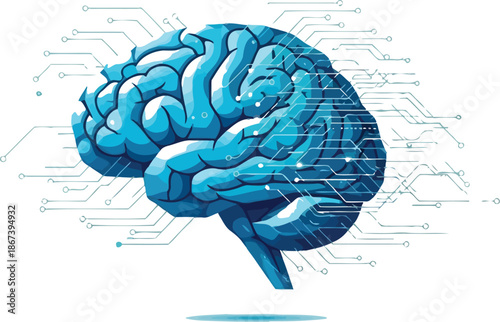 Stylized illustration of a blue human brain concept overlaid with glowing digital circuit lines symbolizing artificial intelligence and advanced neural networking technology