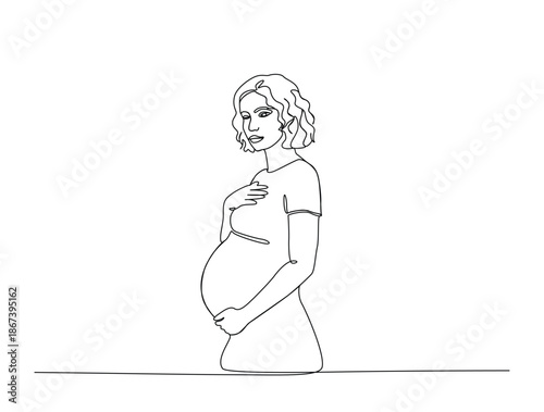 Continuous line art drawing of pregnant woman holding her belly vector illustration. Editable stroke.