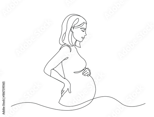 Continuous line art drawing of pregnant woman holding her belly vector illustration. Editable stroke.