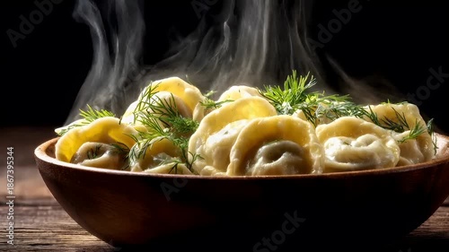 Chinese lunar new year holiday celebration. Spring festival tradition. Chunjie. Asia. A closeup of a bowl of dumplings with dill garnish, set against a dark, moody background.