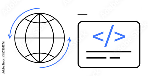 Global communication, web development, coding, internet services, software engineering, data exchange. Globe with arrows and coding symbols on white background. Global communication and web