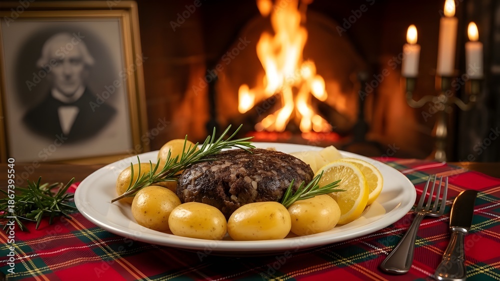 Fototapeta premium Celebrating robbie burns day with traditional scottish haggis neeps and tatties by the fire
