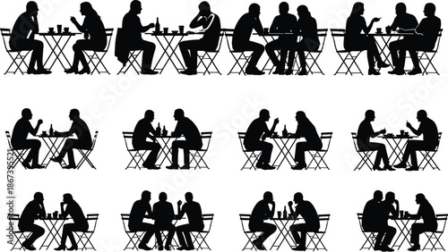 People silhouette set, sitting at tables, conversation poses, black vector, social interaction, casual meeting, isolated, design, communication, groupPeople silhouette set, sitting at tables