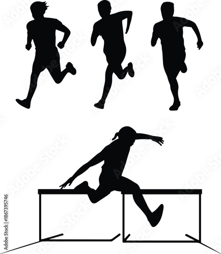 Athlete silhouette, sprinting pose, hurdling action, track sport, black graphic, vector illustration, dynamic movement, competition icon, running motion, speedAthlete silhouette, sprinting pose