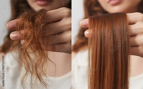 Dramatic hair transformation showcasing damaged versus healthy smooth reddish brown locks