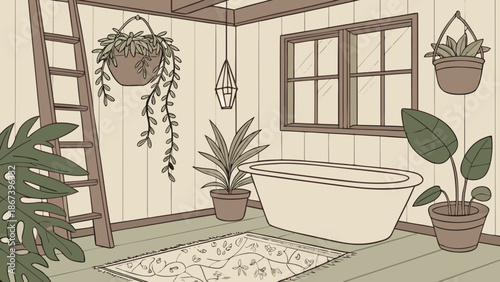 Modern house interior design featuring a brightly lit room with a window, stylish furniture, and potted plants for home decor