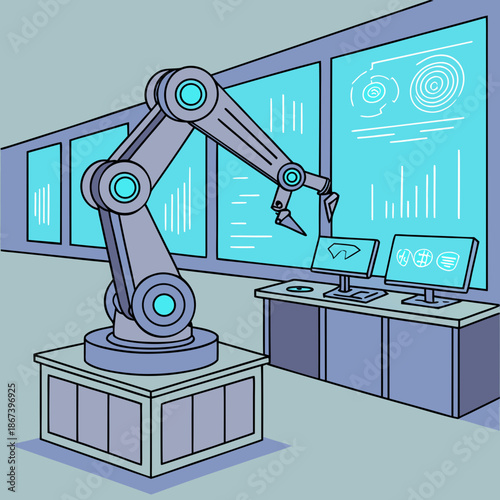High-Tech Industrial Robotic Arm Working in a Modern Sleek Laboratory Environment Vector