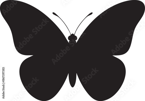 Elegant black butterfly illustration with detailed wings casting a soft shadow on a neutral background