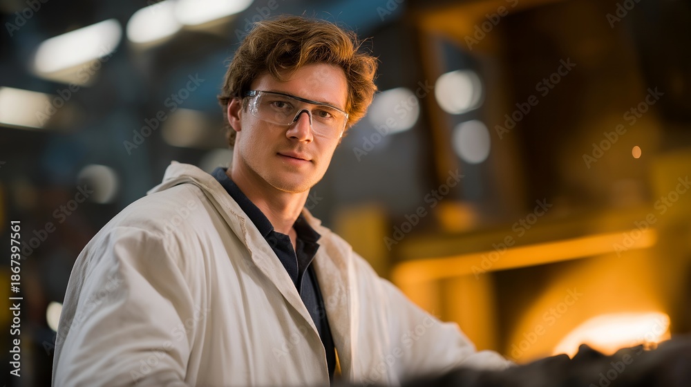 Fototapeta premium A metallurgist examining molten metal in a high-temperature furnace, sparks and heat glow illuminating advanced research into alloy composition and metal performance. cinematic color correction,
