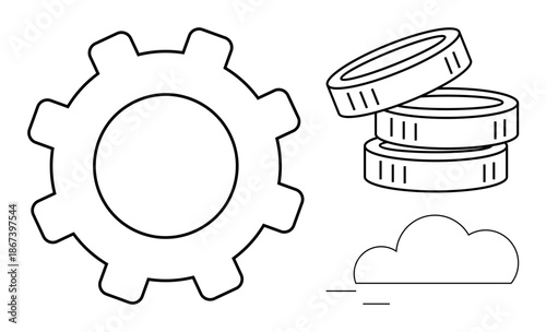 Technology, finance, cloud computing, innovation, digital transformation, industry. Gear shape, stacked coins and cloud illustration in minimal outline style. Technology and finance concepts