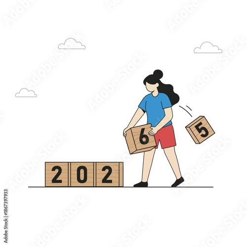 Woman Replacing 2025 with 2026 Number Blocks for New Year Progress. Element design. Clip art. New Year Edition. Suitable for artwork design.