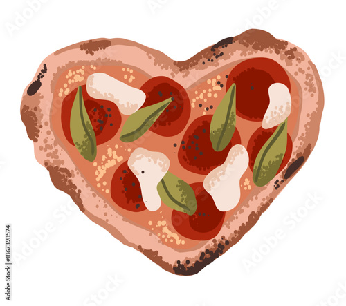 Italian pizza in heart shape with cheese and tomato