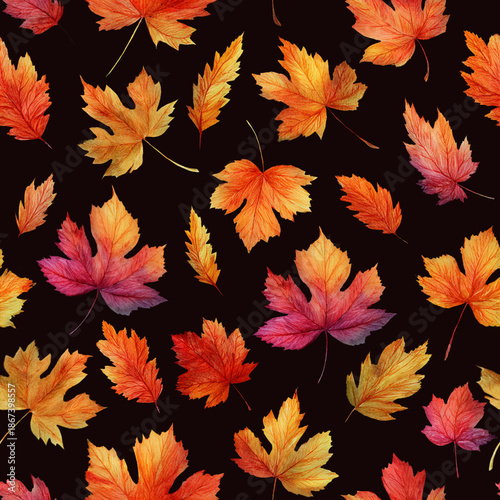 Seamless pattern of glowing autumn watercolor maple leaves in warm orange, red and gold tones scattered over a deep dark background. Elegant and cozy fall design.