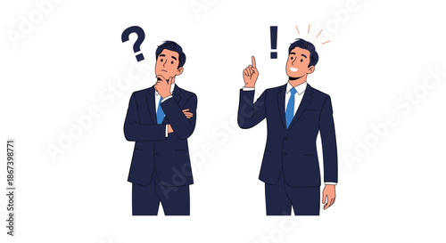 Professional businessman in a blue suit thinking deeply and then finding a bright solution with an idea mark above.