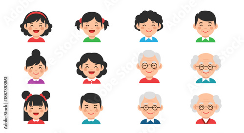 Grid of diverse human face icons representing different ages and genders from young children to elderly grandparents.