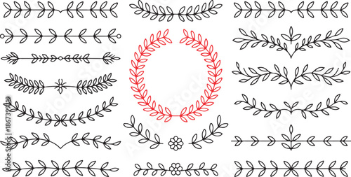 A comprehensive set of decorative leaf borders and a central red laurel wreath on white